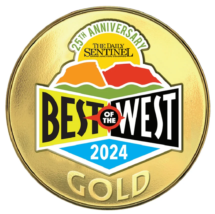 The image shows a golden circle, and inside of it are the ads for the 25th anniversary of The Daily Sentinel in Grand Junction, Colorado. With the title of